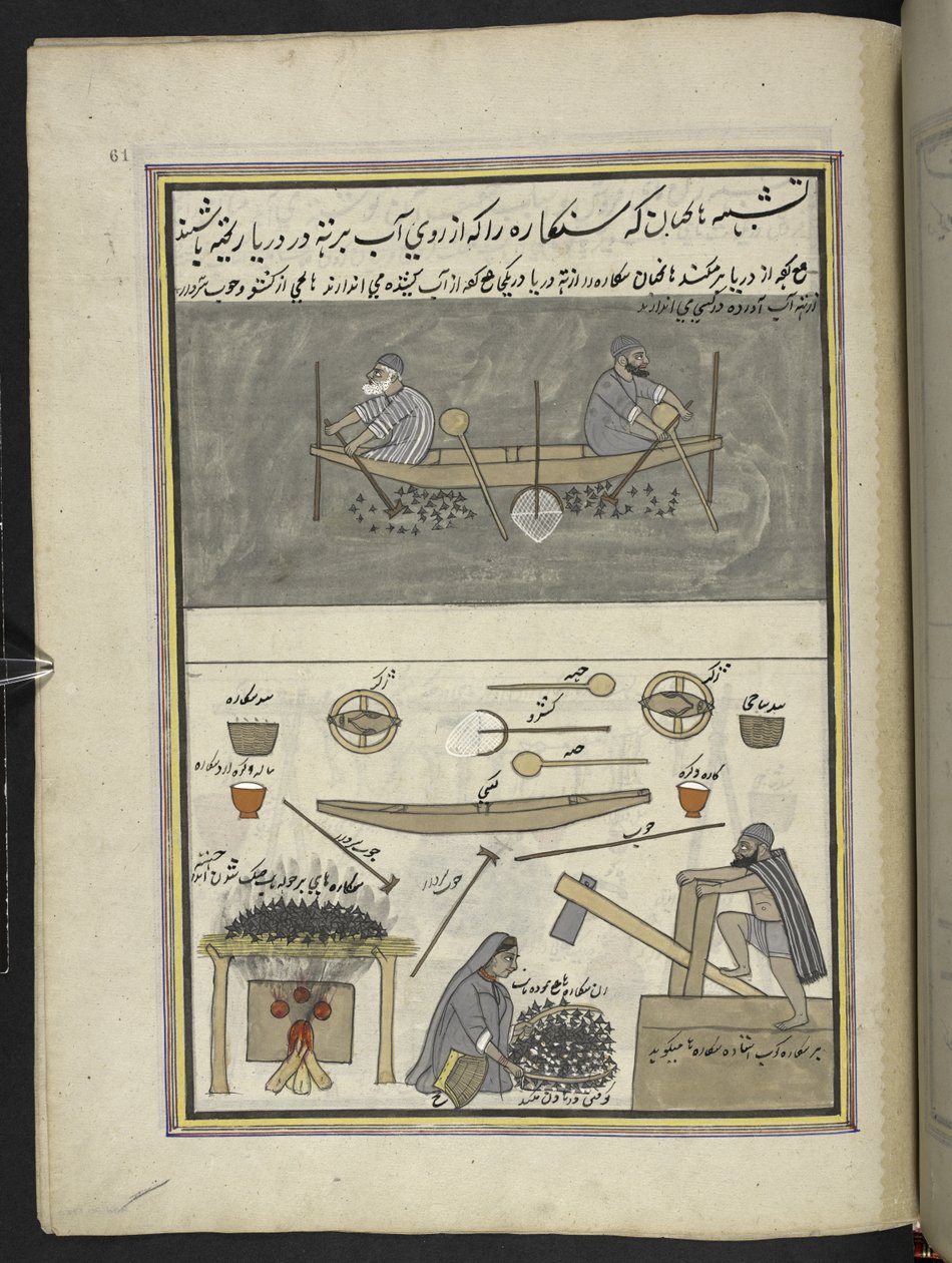 Hombres recogiendo castañas de agua; hombre y mujer asando y machacando castañas de agua,  86 dibujos encuadernados en un volumen que representa oficios y ocupaciones en Cachemira, se muestra a los artesanos trabajando con sus implementos y equipos,  Por u de Indian School