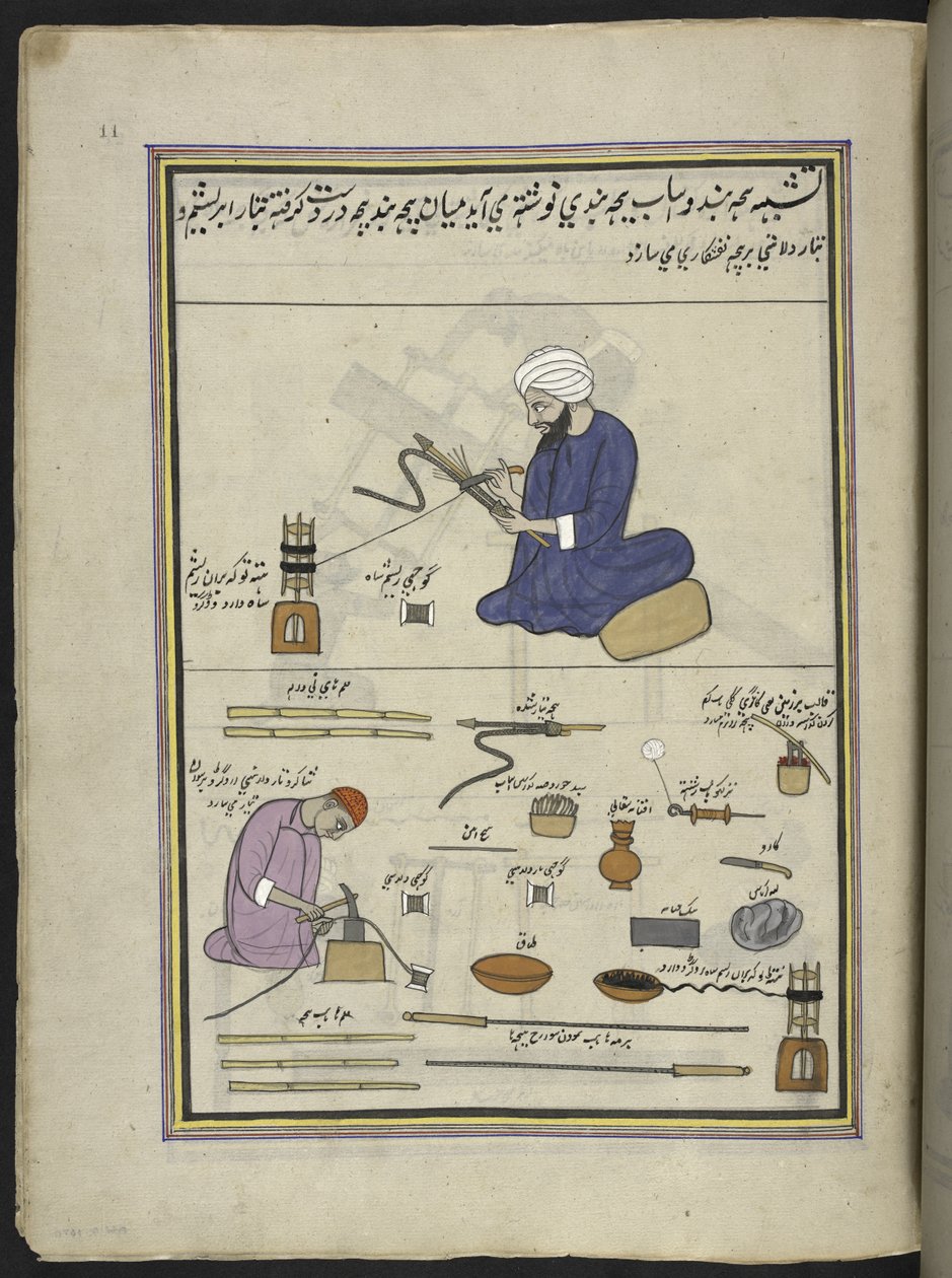 Hombres cubriendo narguiles-serpientes con hilo y alambre,  86 dibujos encuadernados en un volumen que representa oficios y ocupaciones en Cachemira, se muestra a los artesanos trabajando con sus implementos y equipos,  Por un artista de Cachemira, probabl de Indian School