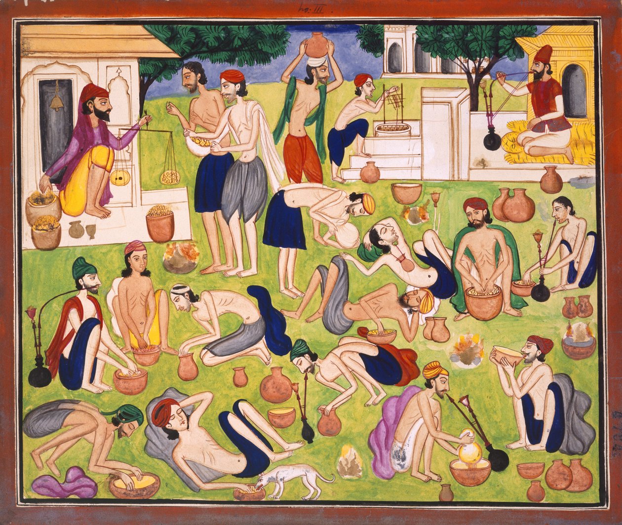 Hombres fumando opio, sentados o acostados en el suelo, c.1870 (acuarela sobre papel) de Indian School