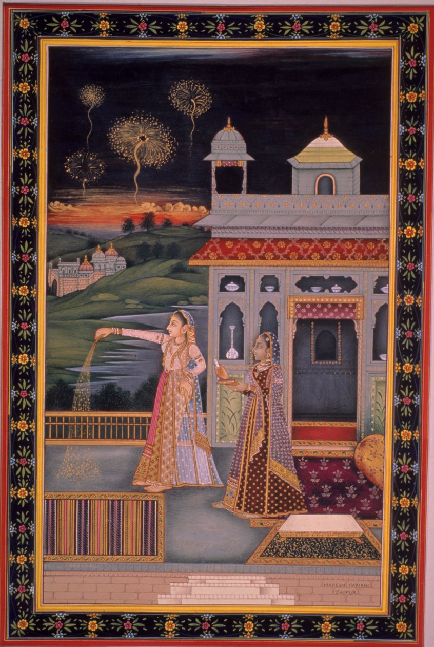 Pintura en miniatura de una dama celebrando el festival de Diwali, India (acuarela sobre papel) de Indian School