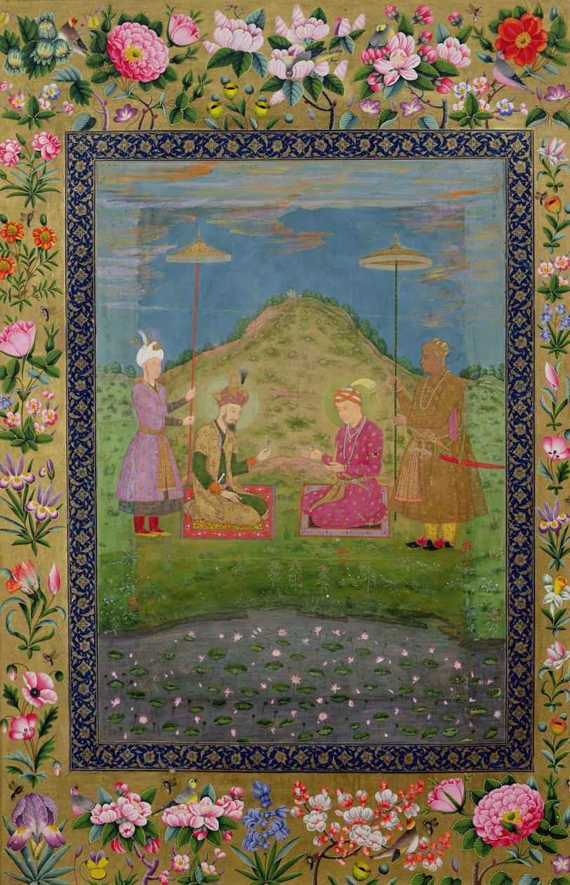 Ms E-14 Humayun (1508-56) y Akbar (1542-1605) con un visir, de un Moraqqa de Indian School
