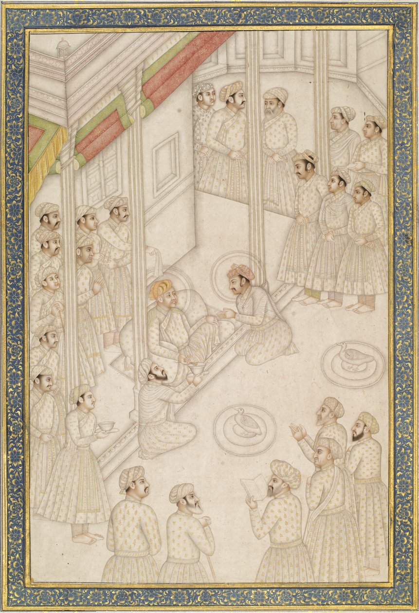 Emperador mogol Akbar celebrando corte durante su enfermedad final, mediados del siglo XVIII de Indian School