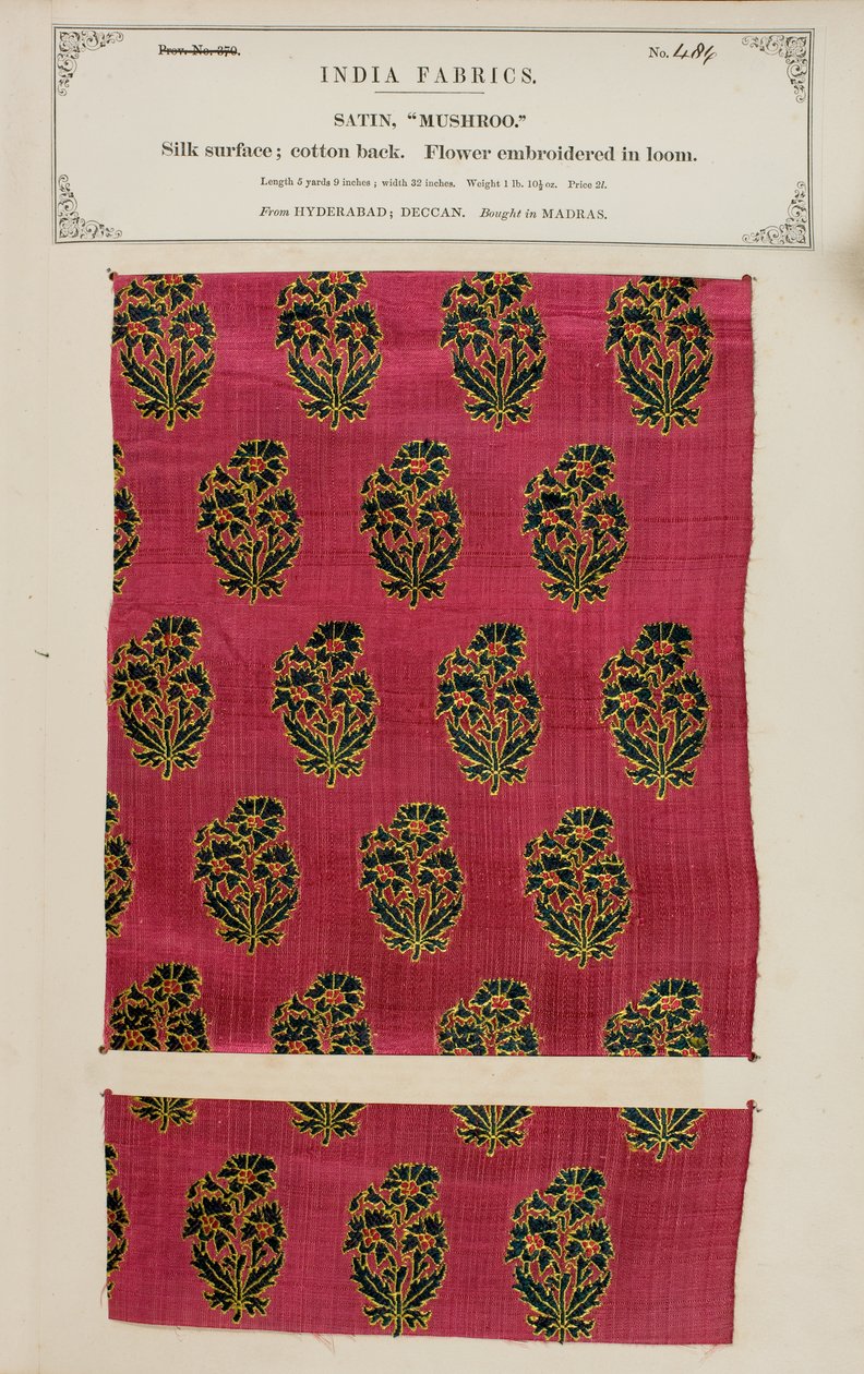 Muestra de satén Mushroo de Hyderabad en Deccan, de La Colección de los Fabricantes de Textiles de la India, por John Forbes Watson, publicada en 1866 de Indian School