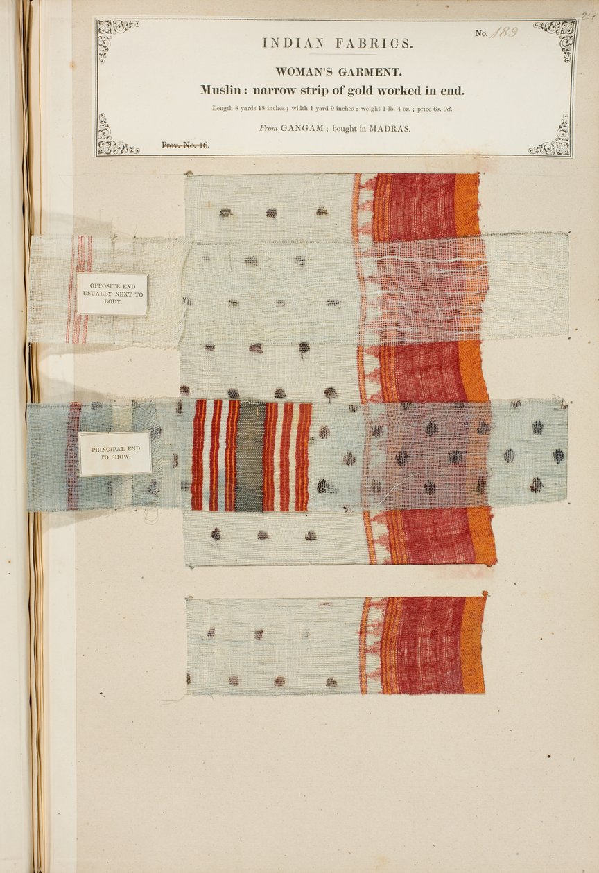 Muestra de muselina de Ganham, comprada en Madrás, de La Colección de los Fabricantes de Textiles de la India, por John Forbes Watson, publicada en 1866 de Indian School