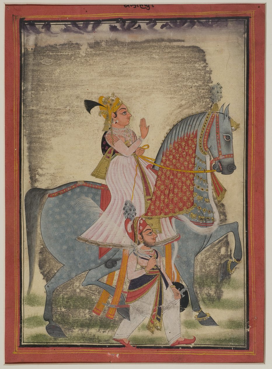 Noble de Mewar montando a Nur acompañado por un sais a pie de Indian School