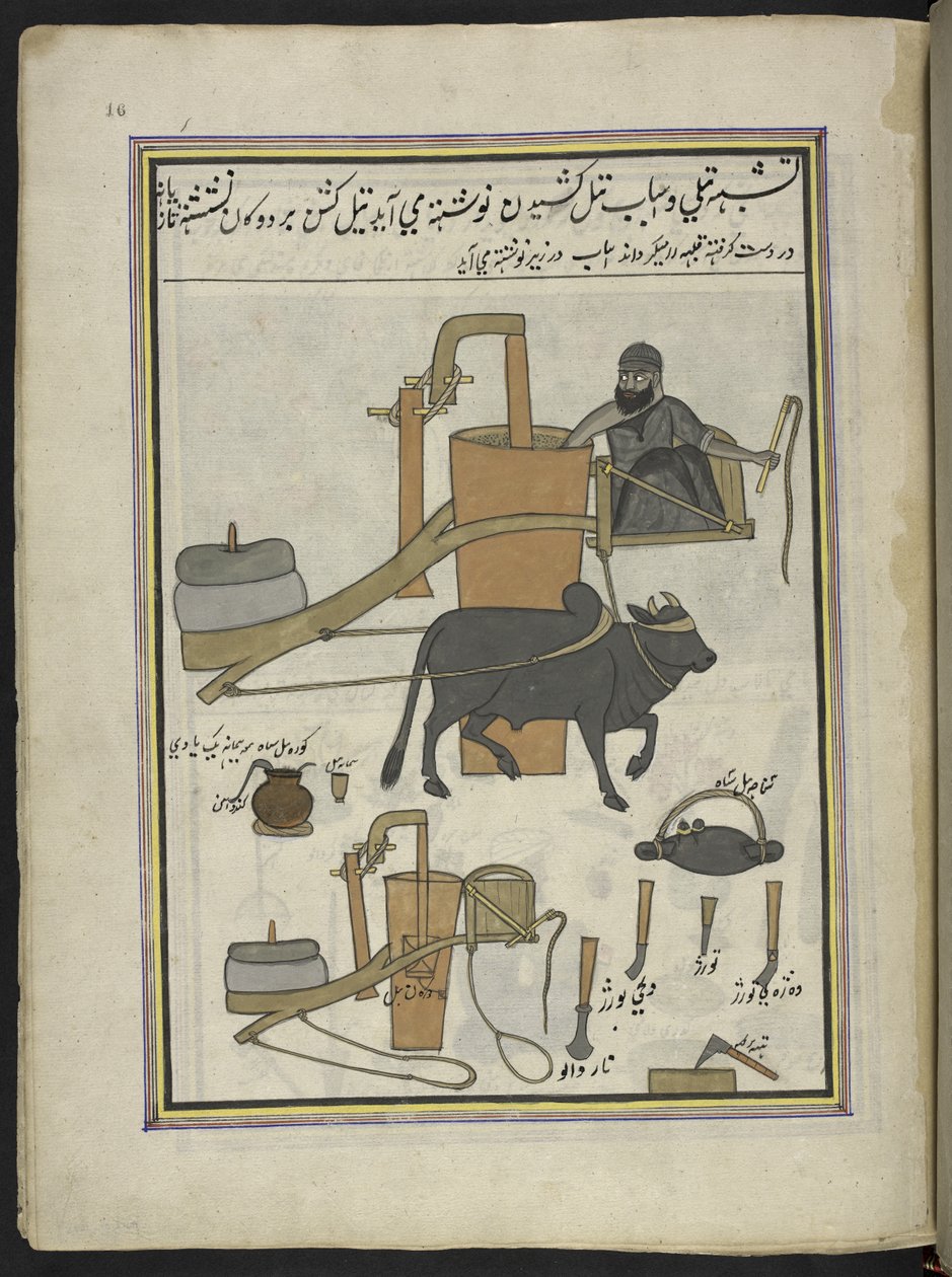 Prensa de aceite,  86 dibujos encuadernados en un volumen que representa oficios y ocupaciones en Cachemira, se muestra a los artesanos trabajando con sus implementos y equipos,  Por un artista de Cachemira, probablemente en Srinagar, c.1850-60 (gouache so de Indian School