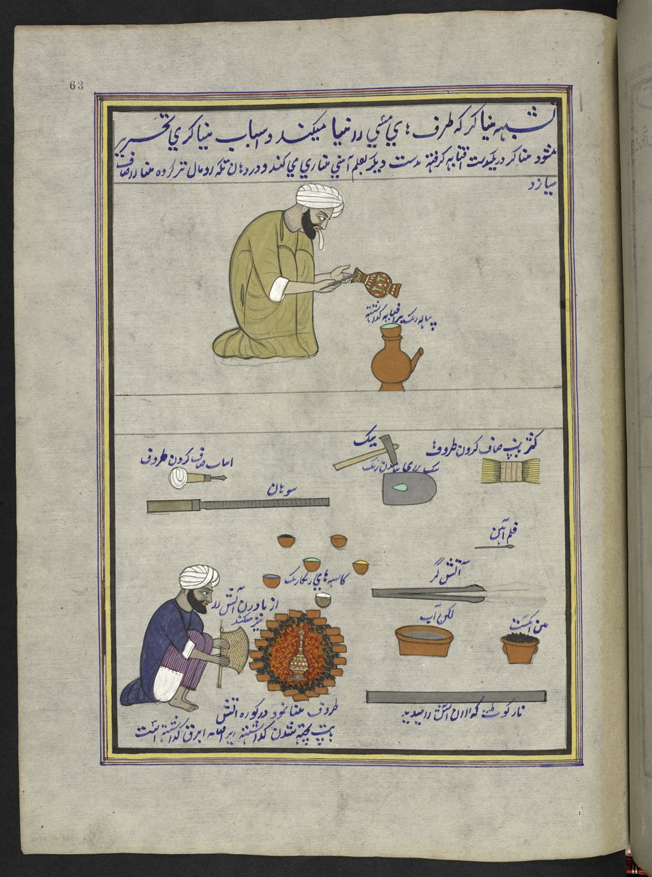 Esmaltadores de ollas,  86 dibujos encuadernados en un volumen que representa oficios y ocupaciones en Cachemira, se muestra a los artesanos trabajando con sus implementos y equipos,  Por un artista de Cachemira, probablemente en Srinagar, c.1850-60 (gouac de Indian School