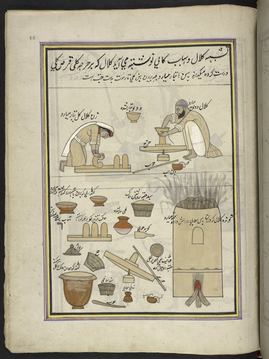 alfareros,  86 dibujos encuadernados en un volumen que representa oficios y ocupaciones en Cachemira, se muestra a los artesanos trabajando con sus implementos y equipos,  Por un artista de Cachemira, probablemente en Srinagar, c.1850-60 (gouache sobre pap de Indian School