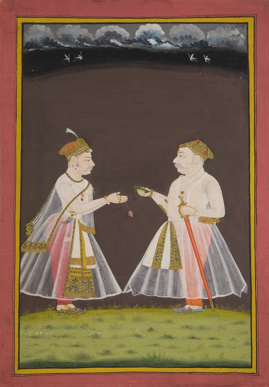 Probablemente un retrato de Rana Raj Singh de Udaipur (1661-81) ofreciendo pan a un noble de Indian School