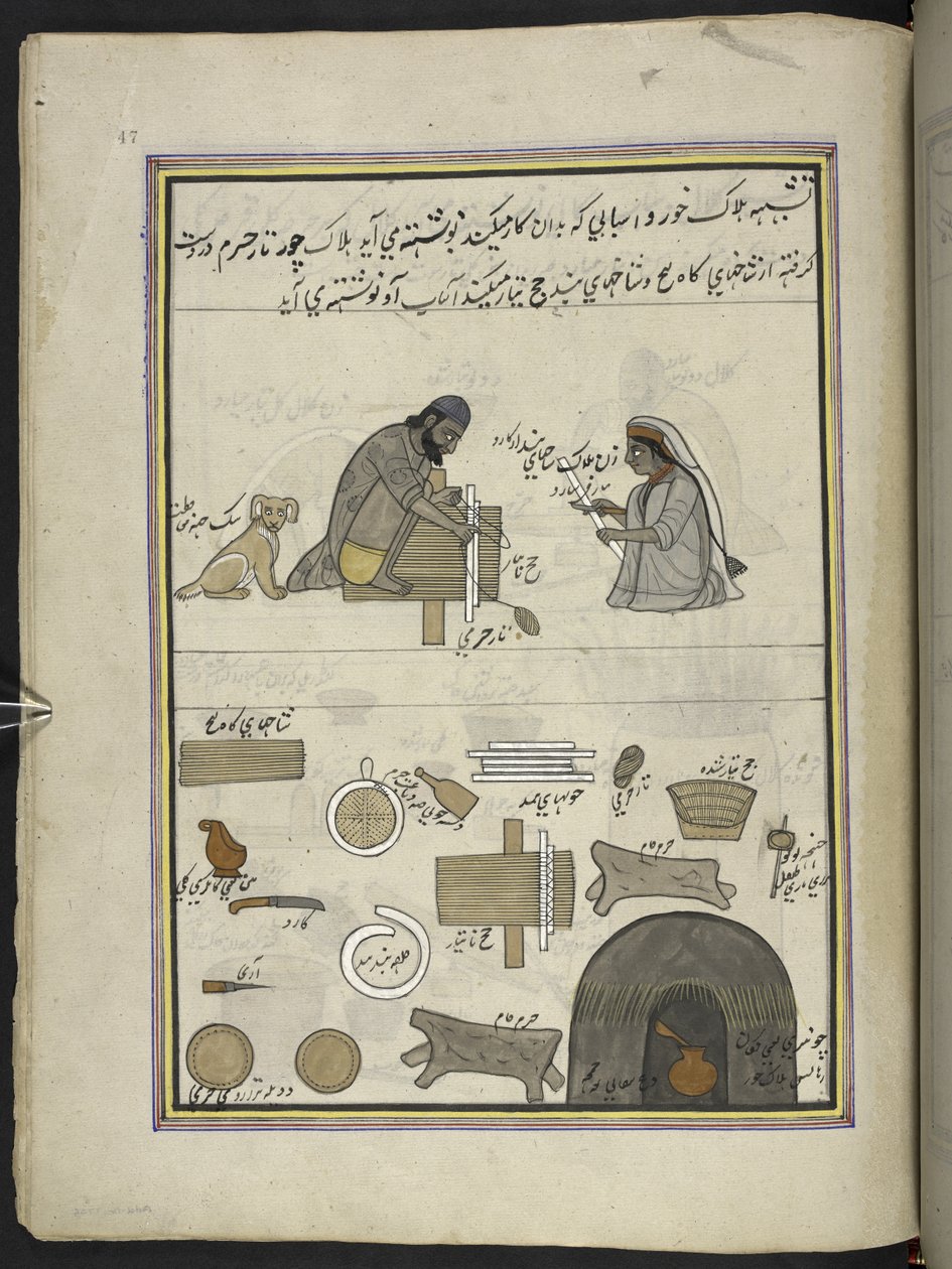 creadores de punkah,  86 dibujos encuadernados en un volumen que representa oficios y ocupaciones en Cachemira, se muestra a los artesanos trabajando con sus implementos y equipos,  Por un artista de Cachemira, probablemente en Srinagar, c.1850-60 (gouache de Indian School
