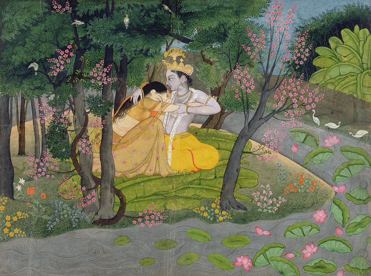 Radha y Krishna se abrazan en un bosque de árboles en flor, c.1780 de Indian School