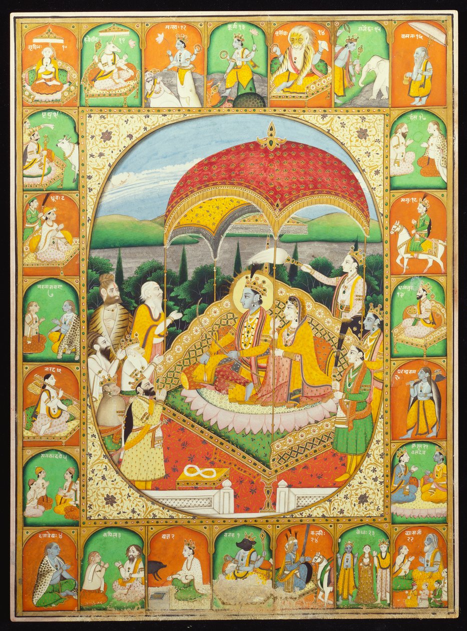Rama y Sita entronizados, adorados por Shiva, Hanuman y otros, 1800-20 de Indian School