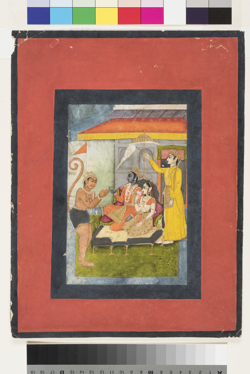 Rama y Sita entronizados, adorados por Hanuman; Lakshmana sostiene un morchal de Indian School
