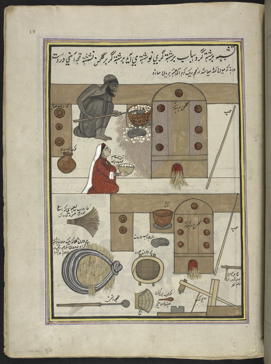 Arroz tostador y esposa,  86 dibujos encuadernados en un volumen que representa oficios y ocupaciones en Cachemira, se muestra a los artesanos trabajando con sus implementos y equipos,  Por un artista de Cachemira, probablemente en Srinagar, c.1850-60 (gou de Indian School