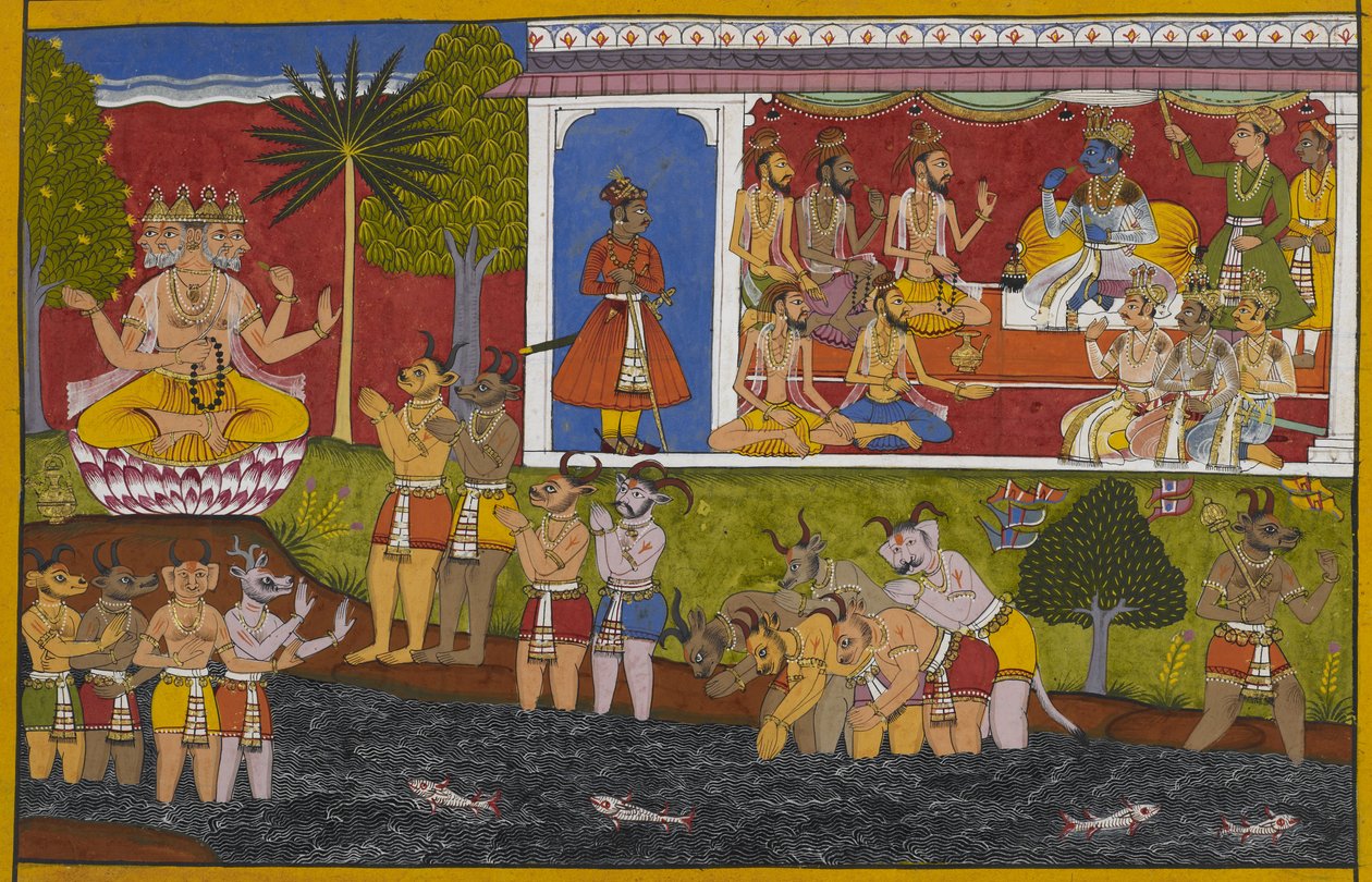 Rāma escucha de Agastya los orígenes de los rākṣasas, empezando por la creación de Prajāpati. de Indian School