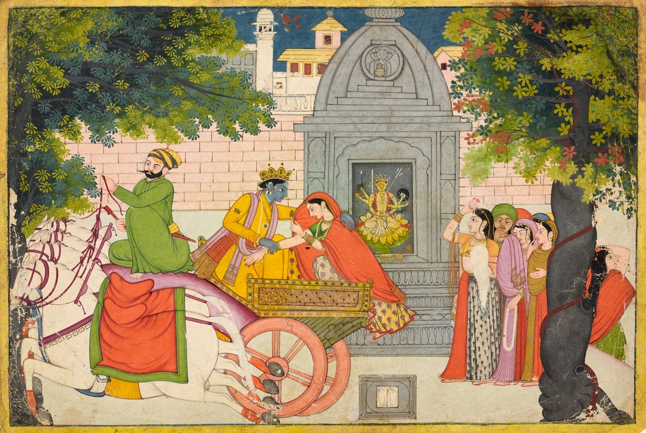Rukmini huye con Krishna, folio de un Bhagavata Purana, c.1780 de Indian School