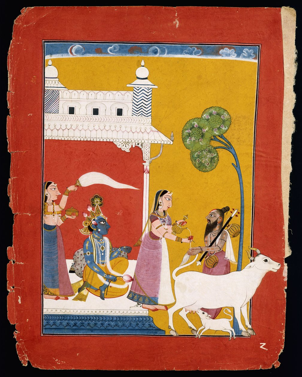 Rukmini ofreciendo agua al sabio Narada mientras su consorte Krishna se sienta en su casa, c.1725-1730 de Indian School