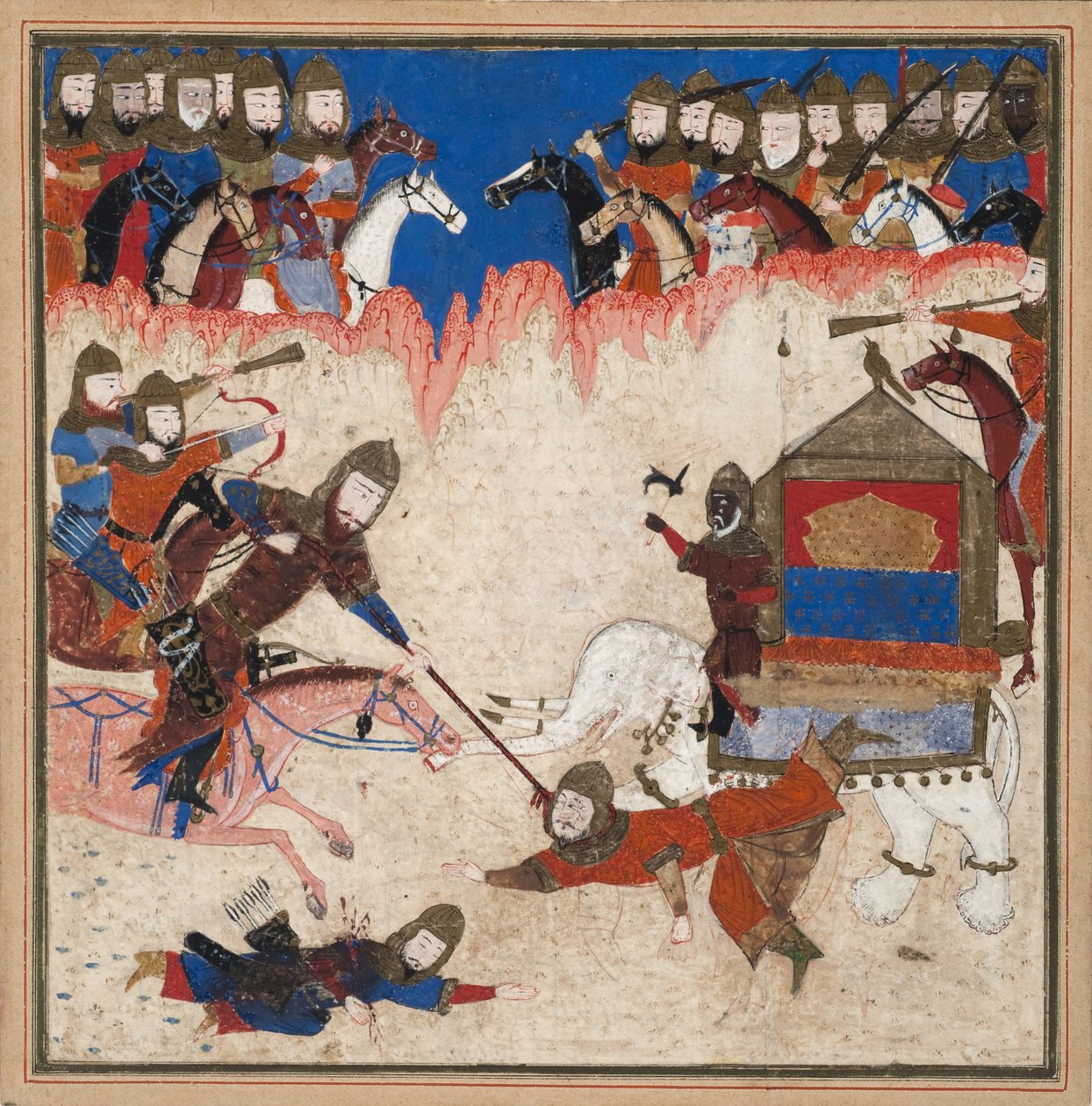 Rustam enlaza al Khaqan de China y lo saca de su elefante, c.1450 de Indian School