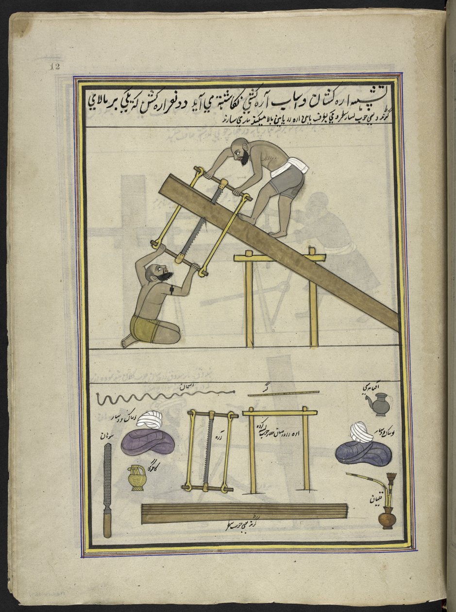 aserradores,  86 dibujos encuadernados en un volumen que representa oficios y ocupaciones en Cachemira, se muestra a los artesanos trabajando con sus implementos y equipos,  Por un artista de Cachemira, probablemente en Srinagar, c.1850-60 (gouache sobre p de Indian School