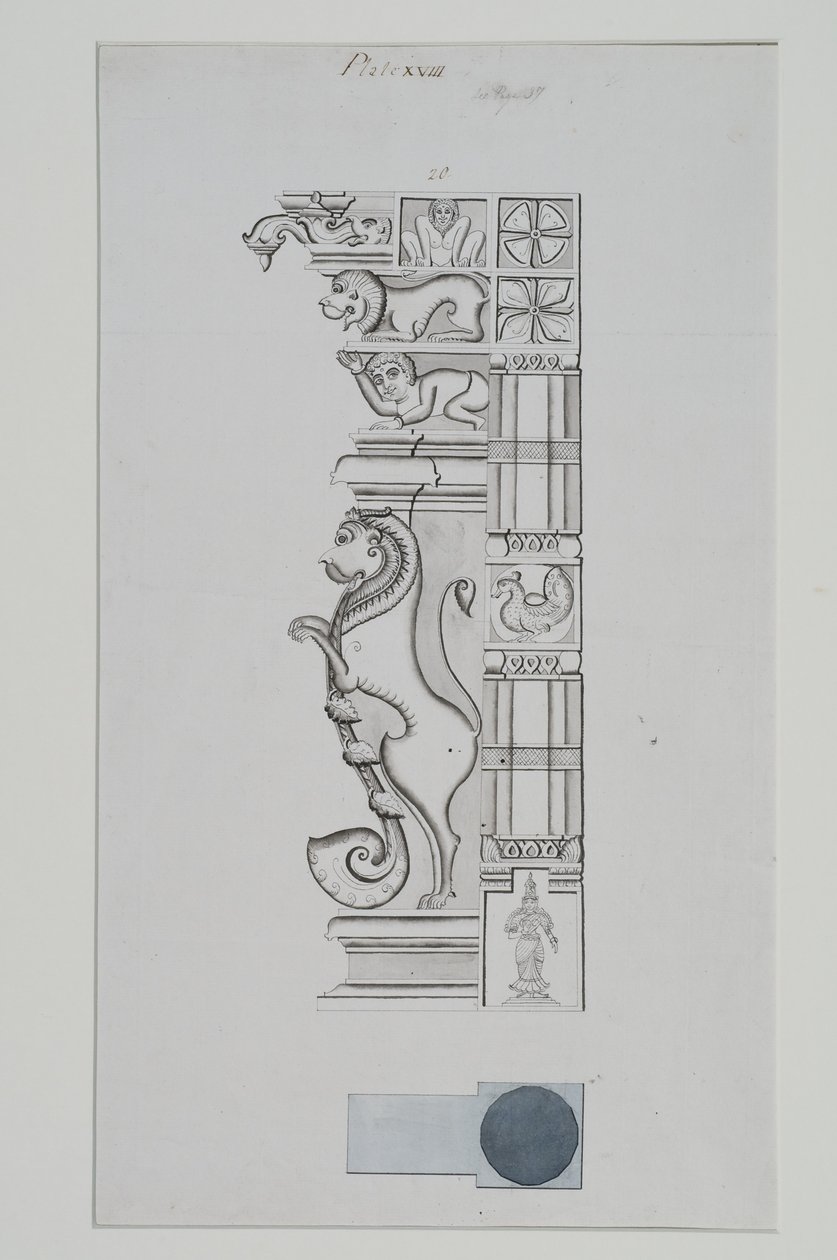 Columna esculpida de un león y otras figuras de Indian School