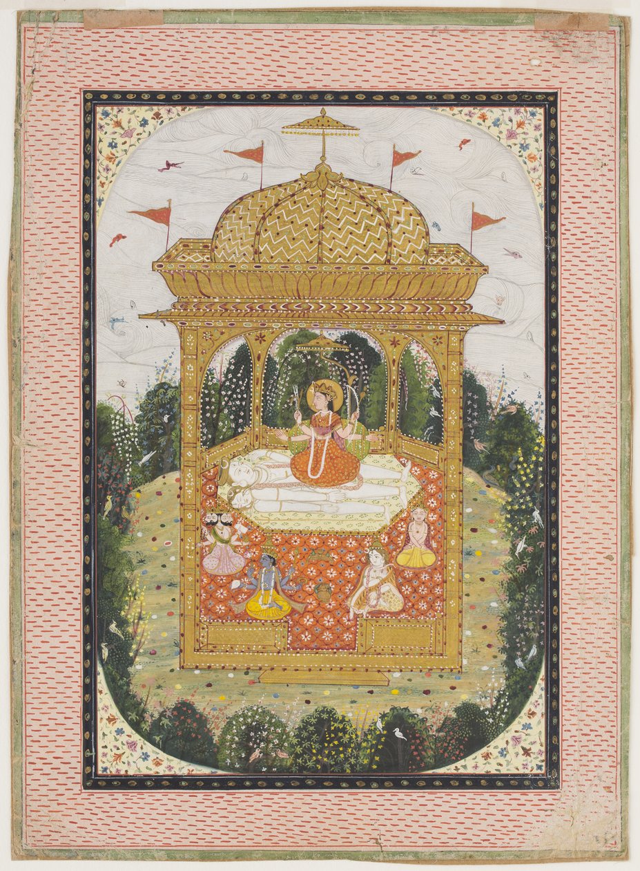 Shakti con Shiva y otros dioses en un templo, c.1780 (gouache y dorado sobre papel) de Indian School