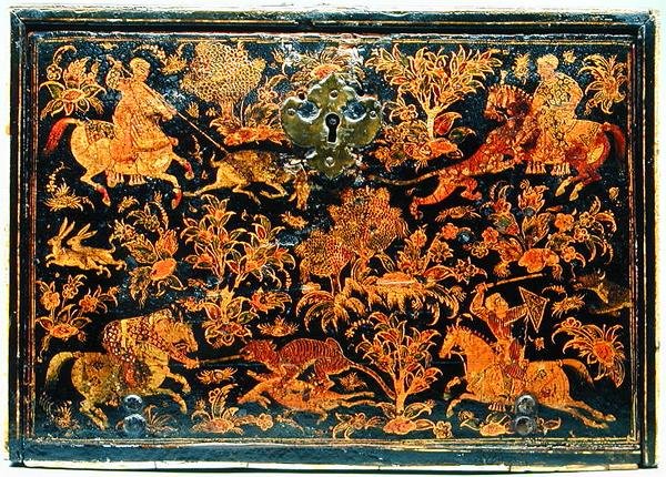 Lado de un gabinete de escritura que representa a nobles cazando, siglo XVII de Indian School