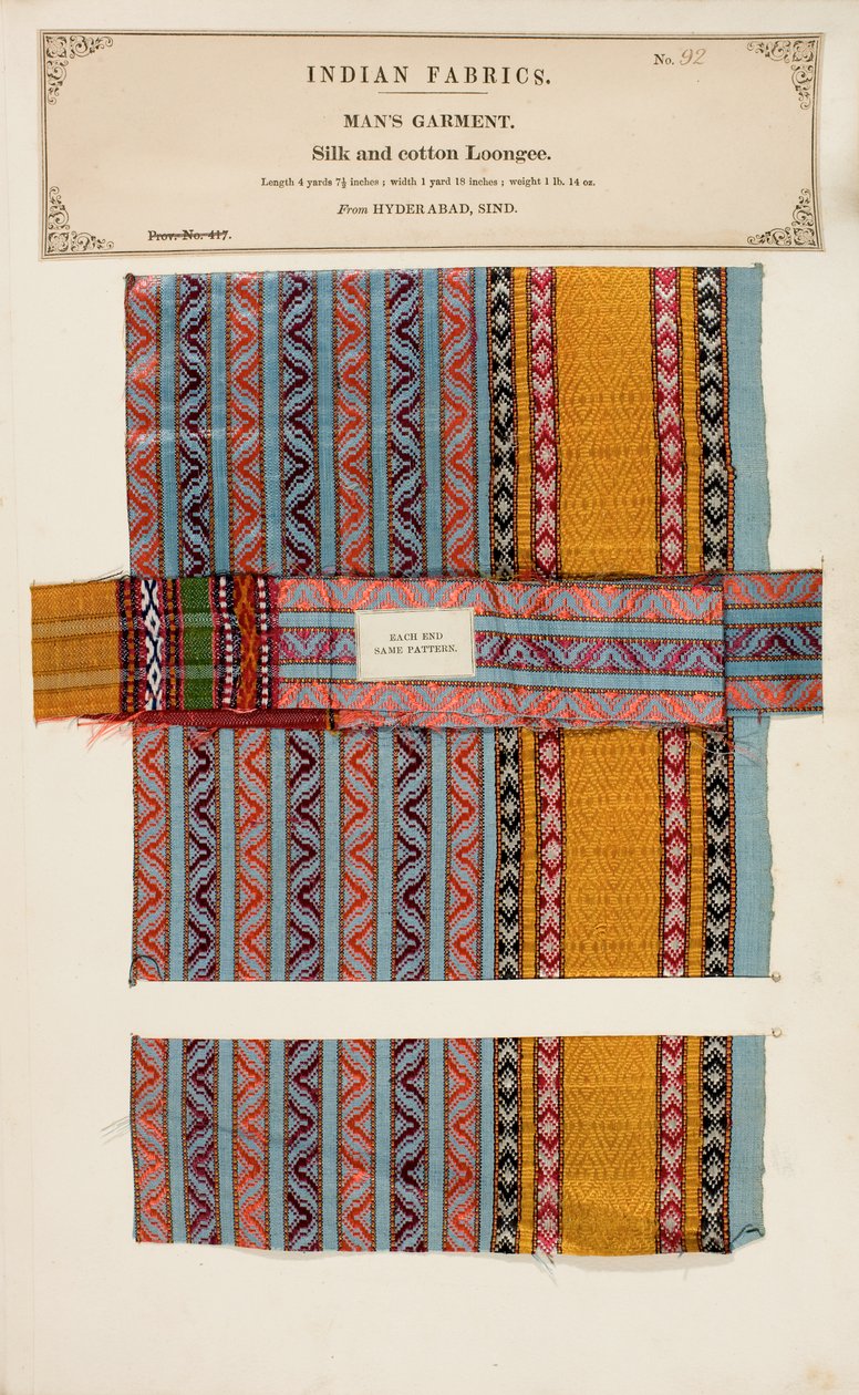 Muestra de Loongee de seda y algodón de Hyderabad en Sind, de La Colección de los Fabricantes de Textiles de la India, por John Forbes Watson, publicado en 1866 de Indian School
