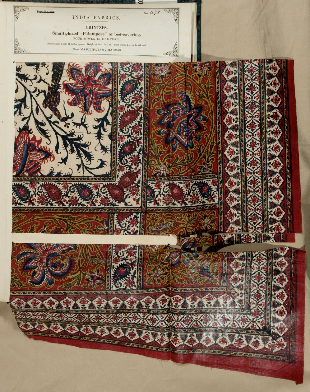 Muestra pequeña de palampore esmaltado o cubrecama de Masulipatam en Madrás, de La Colección de los Fabricantes de Textiles de la India, por John Forbes Watson, publicada en 1866 de Indian School
