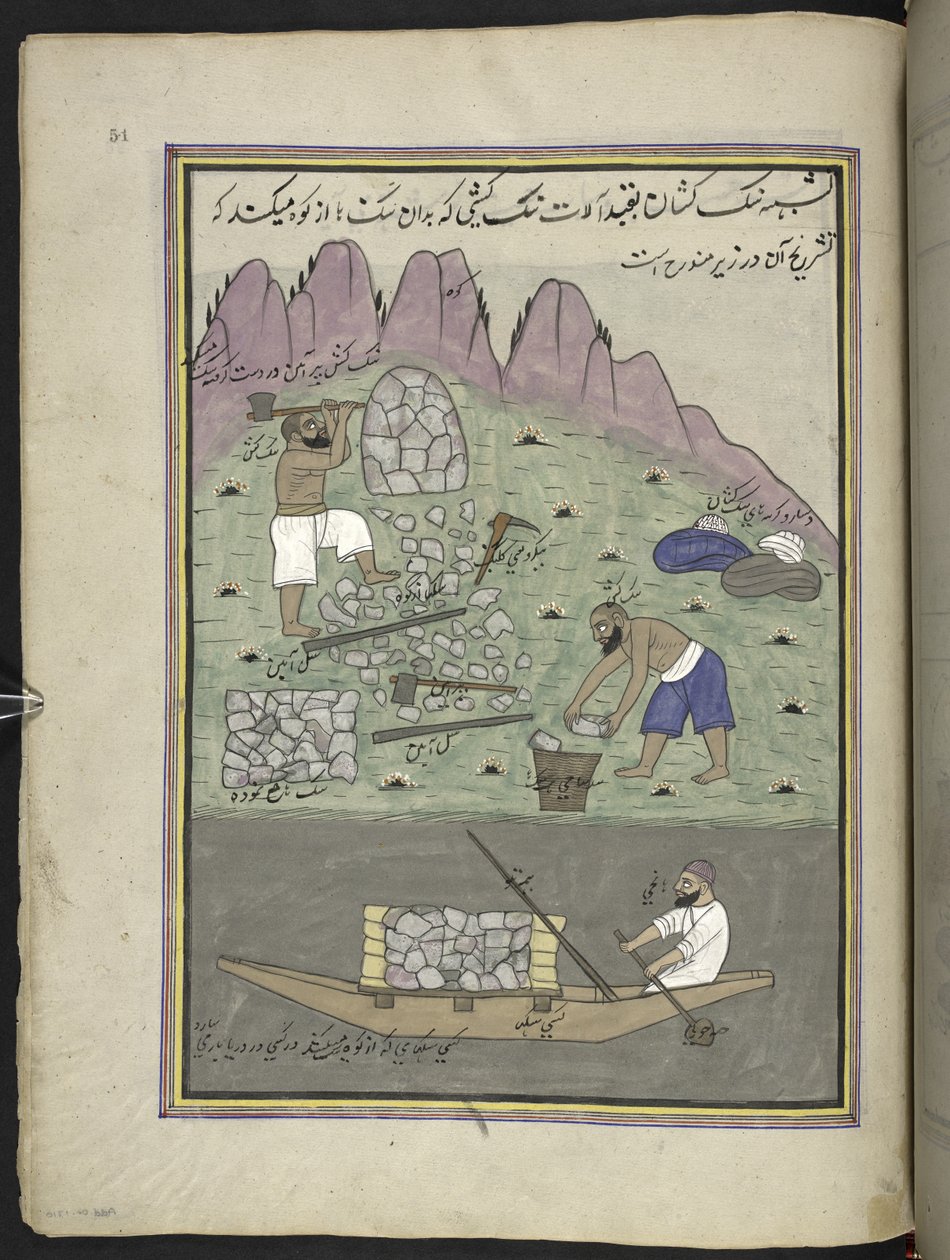 picapedreros,  86 dibujos encuadernados en un volumen que representa oficios y ocupaciones en Cachemira, se muestra a los artesanos trabajando con sus implementos y equipos,  Por un artista de Cachemira, probablemente en Srinagar, c.1850-60 (gouache sobre  de Indian School
