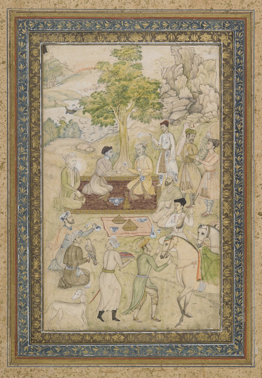 Sultán Murad y Sultán Daniyal en un picnic, folio de álbum separado con pintura, c.1900 de Indian School