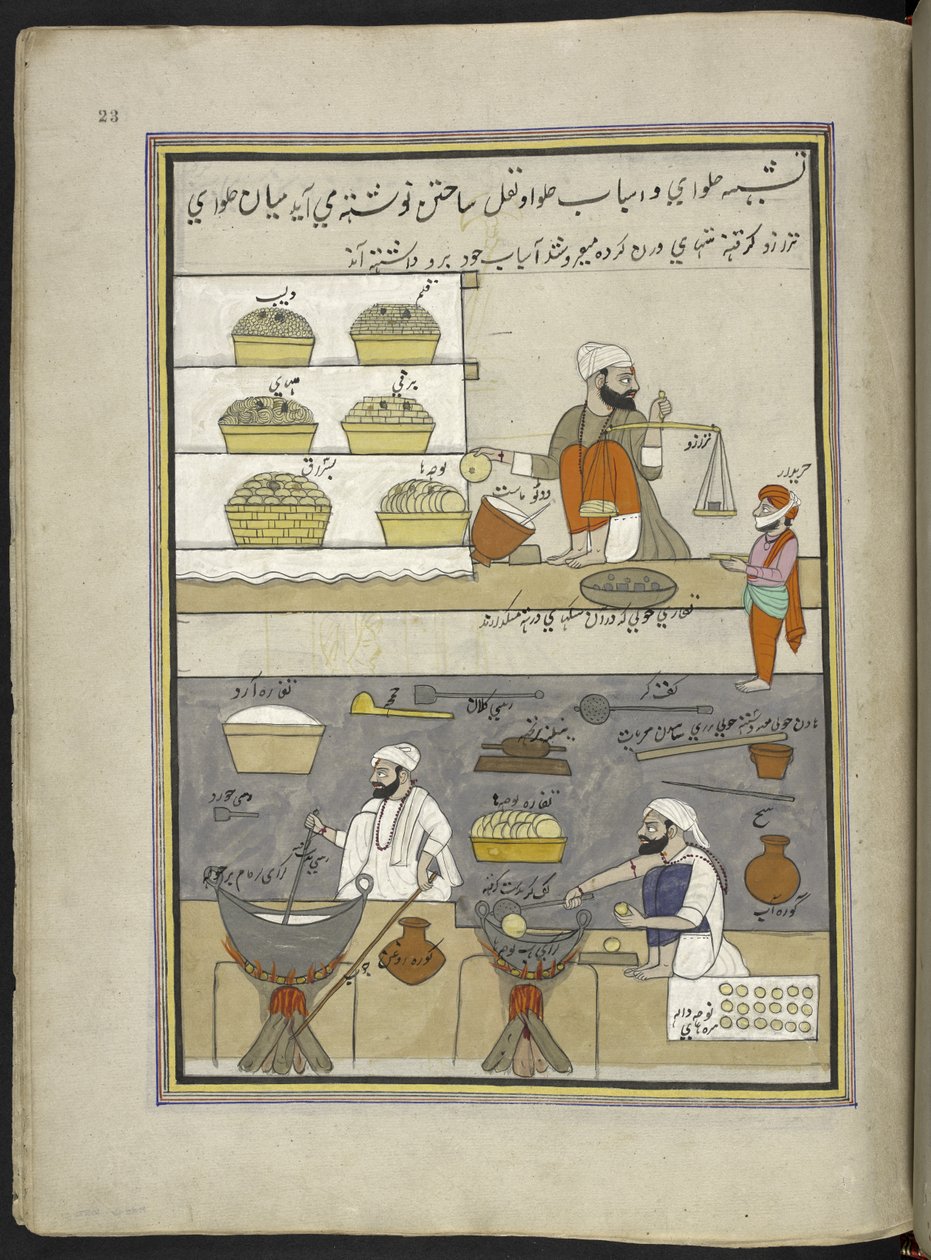 fabricantes de dulces,  86 dibujos encuadernados en un volumen que representa oficios y ocupaciones en Cachemira, se muestra a los artesanos trabajando con sus implementos y equipos,  Por un artista de Cachemira, probablemente en Srinagar, c.1850-60 (gouac de Indian School