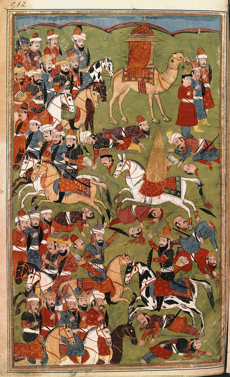El ejército de Aicha en la batalla de Djamal en 656, ilustración de "Hamla-i-Haydari", de Mirza Muhammad Rafi
