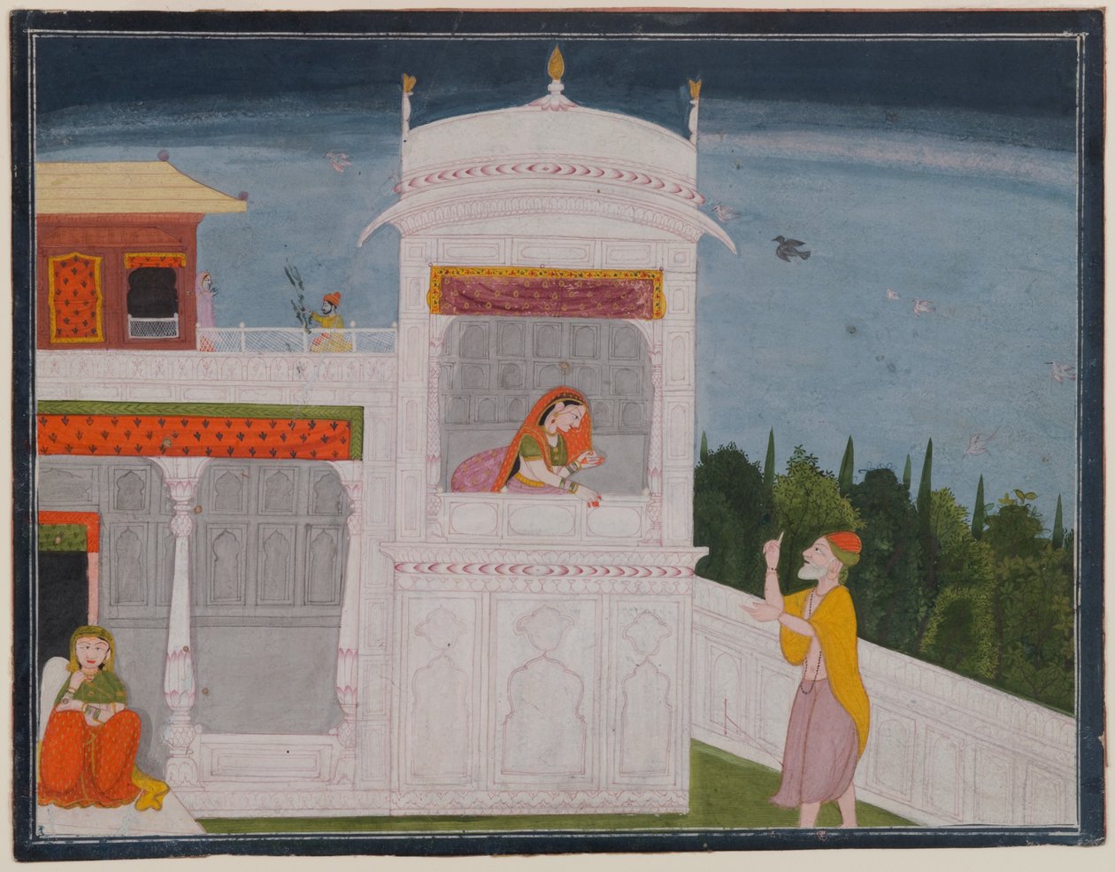 El brahmán Sudama y Rukmini en un palacio, página del episodio de Sudama de la serie Bhagavata Purana, c.1800 o posterior de Indian School