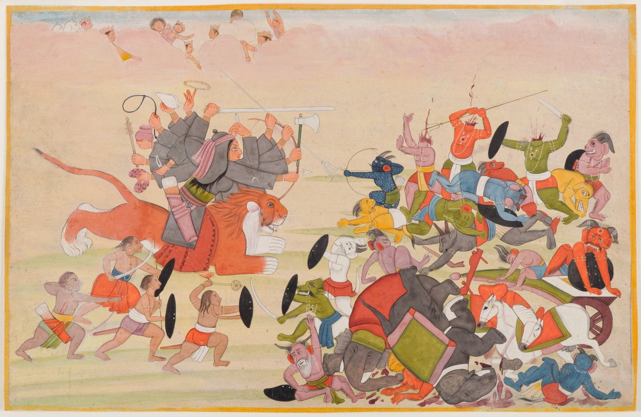La Devi derrota a Mahishasura, folio de una serie dispersa Devi Mahatmya, c.1770-80 de Indian School