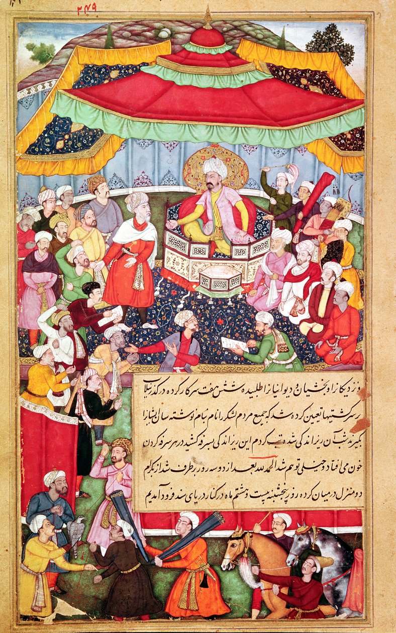 El Rey en su trono rodeado de sus cortesanos, del Baburnama (Memorias de Babur) 1530 de Indian School