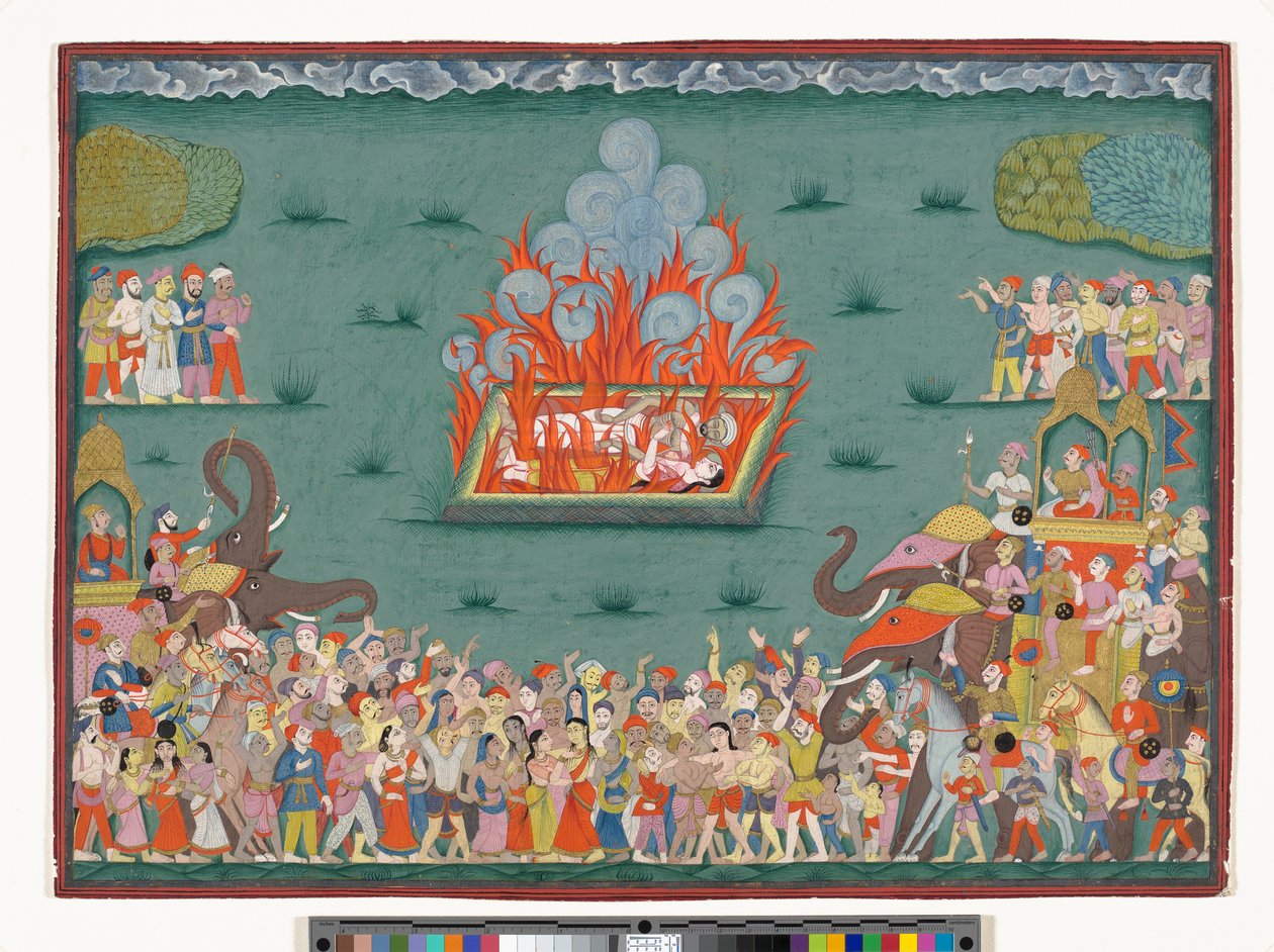El Sati de Ramabai, esposa de Madhavrao Peshwa, c.1772-75 (acuarela y oro sobre papel) de Indian School