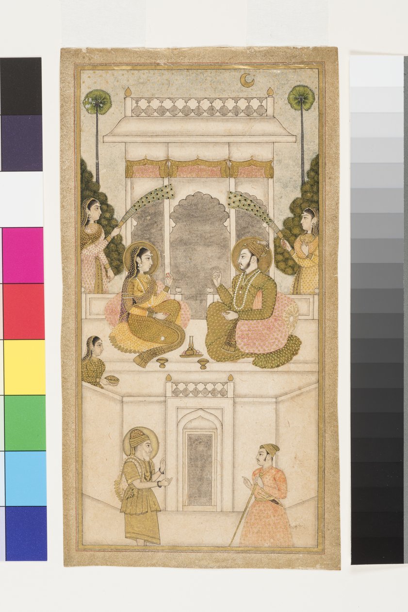 El sultán de Golconda, Quli Qutb Shah, sentado con su consorte de Indian School