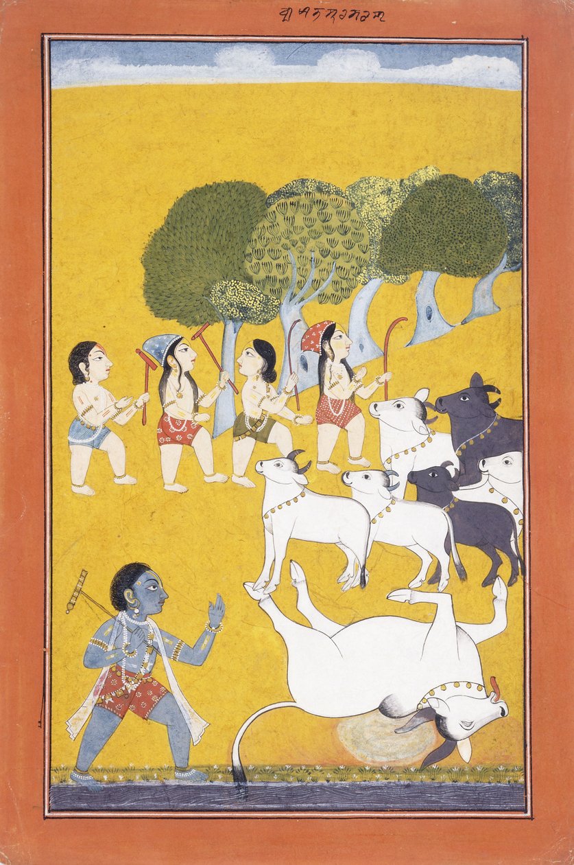 El joven Krishna mata al demonio Vatsasura, que vino en forma de ternero, c.1730-1740 de Indian School