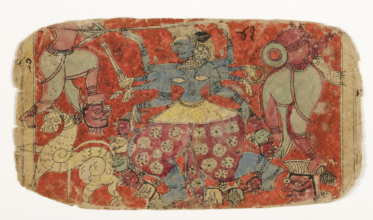 La diosa Kali lucha contra demonios, de Durga atacando a los demonios Shambha y Nishumbha de Indian School