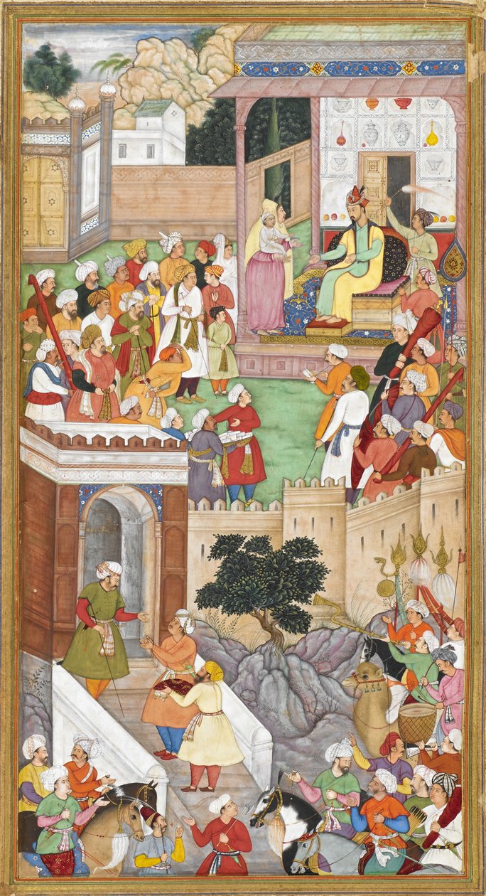 El joven Akbar presentado a Humayun (emperador mogol de la India) en Kabul de Indian School