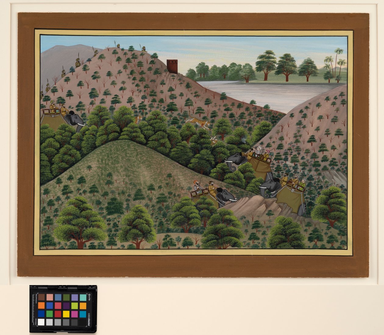 Caza de tigres con un río en el fondo, c.1880 de Indian School
