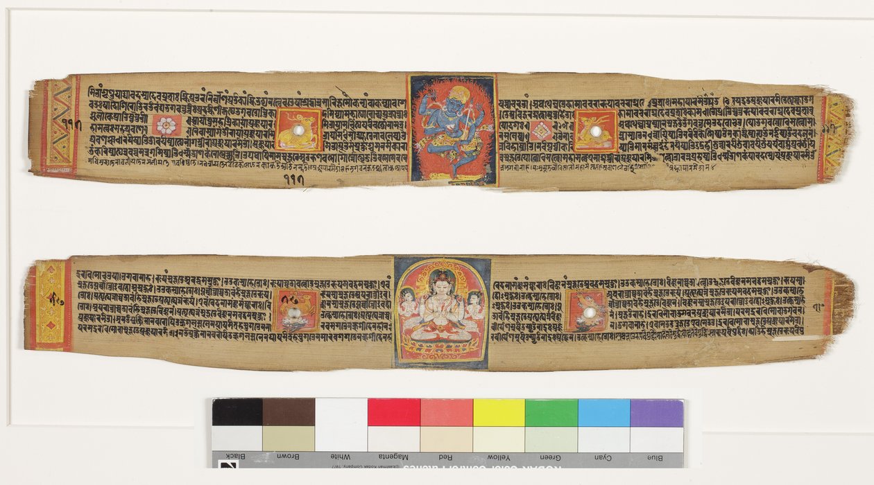 Arriba: Heruka danzante; Abajo: Bodhisattva Sadaksari Avalokitesvara y acompañantes de Indian School
