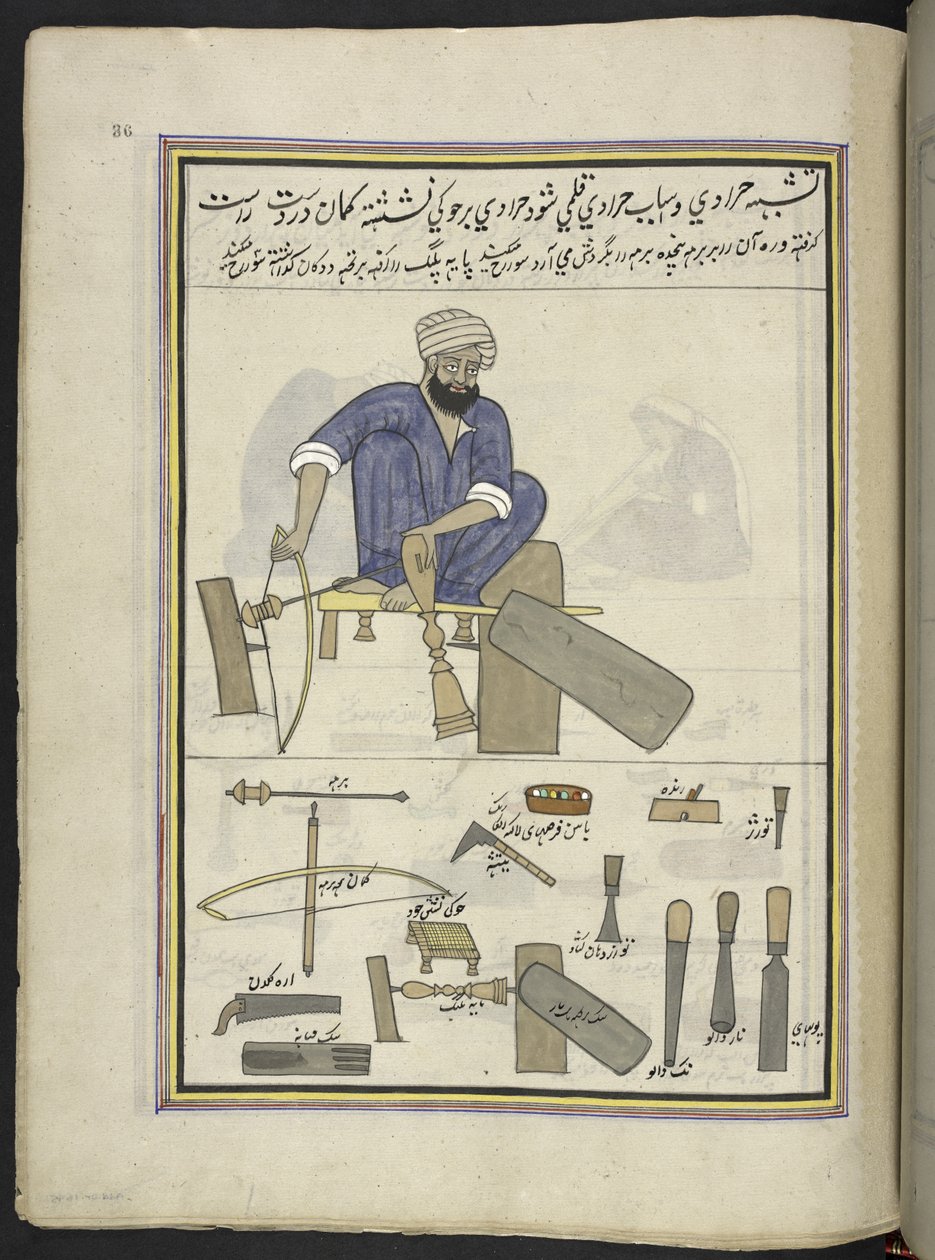 Tornero,  86 dibujos encuadernados en un volumen que representa oficios y ocupaciones en Cachemira, se muestra a los artesanos trabajando con sus implementos y equipos,  Por un artista de Cachemira, probablemente en Srinagar, c.1850-60 (gouache sobre papel de Indian School