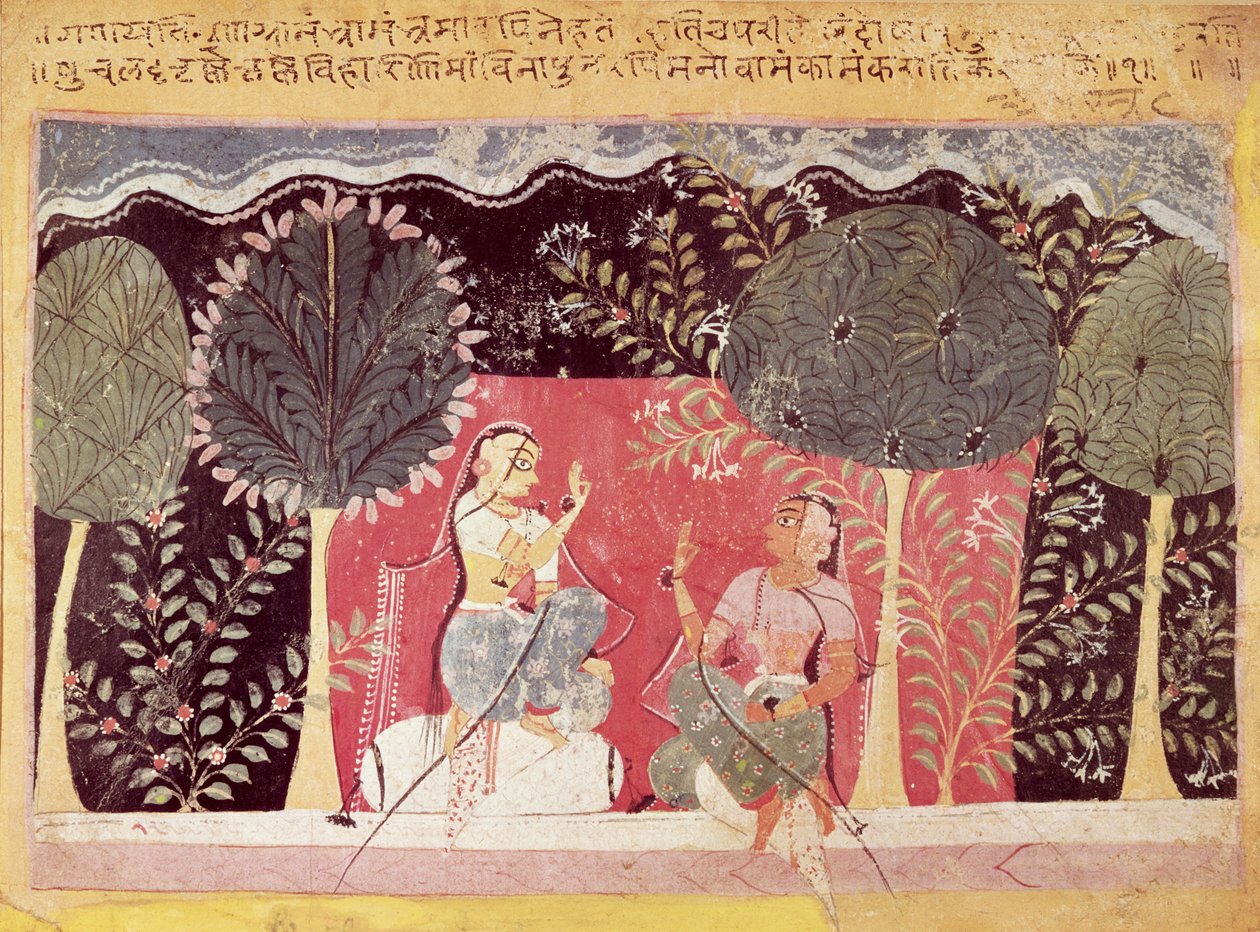 Dos príncipes en un jardín, del Gita Govinda de Indian School