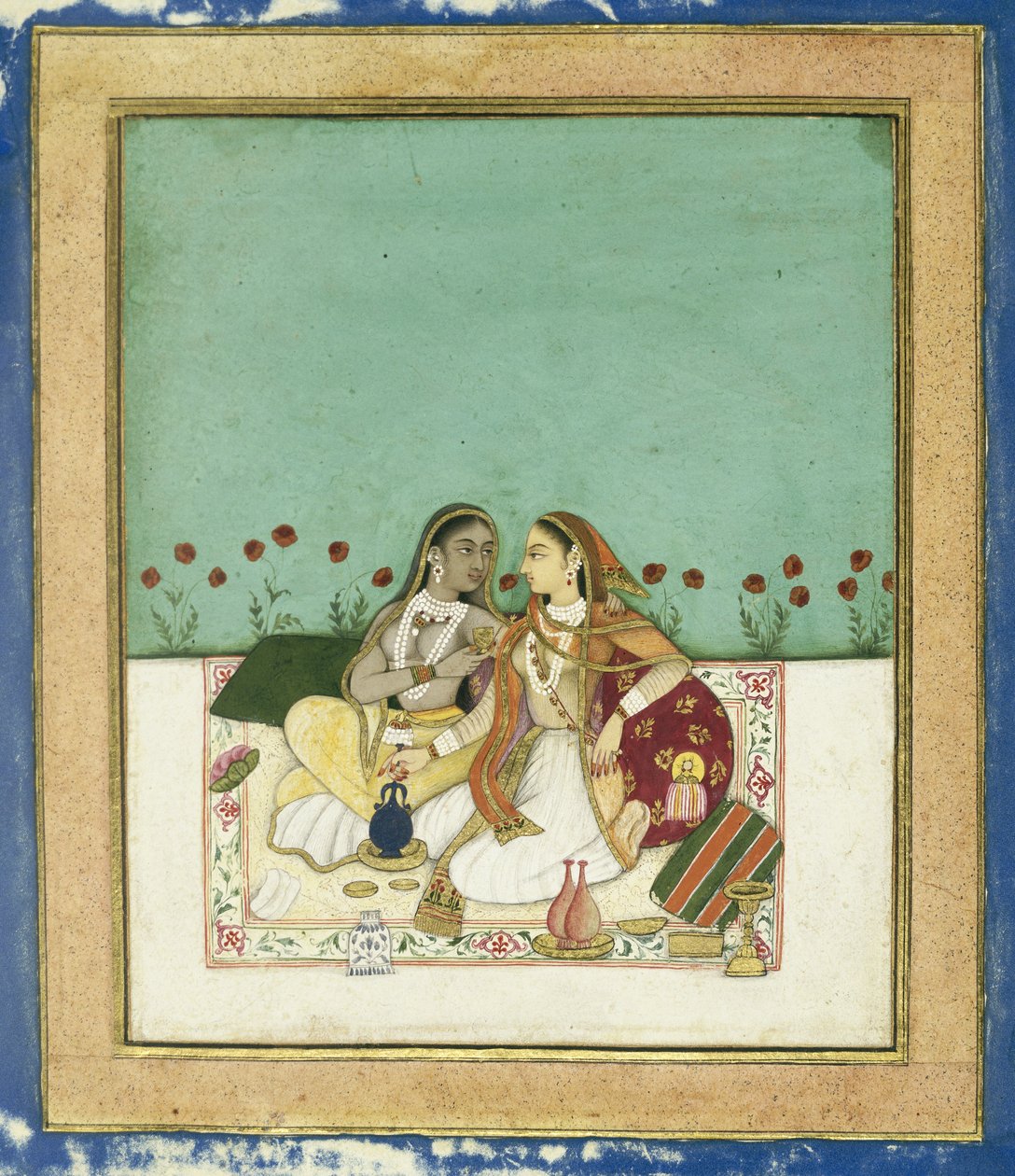 Dos mujeres en una terraza, después de 1700 (acuarela opaca y oro sobre papel) de Indian School