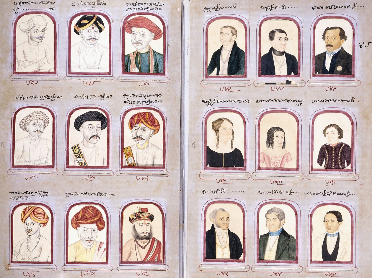 Dos hojas de un álbum de retratos nativos y europeos, c.1830-1850 de Indian School