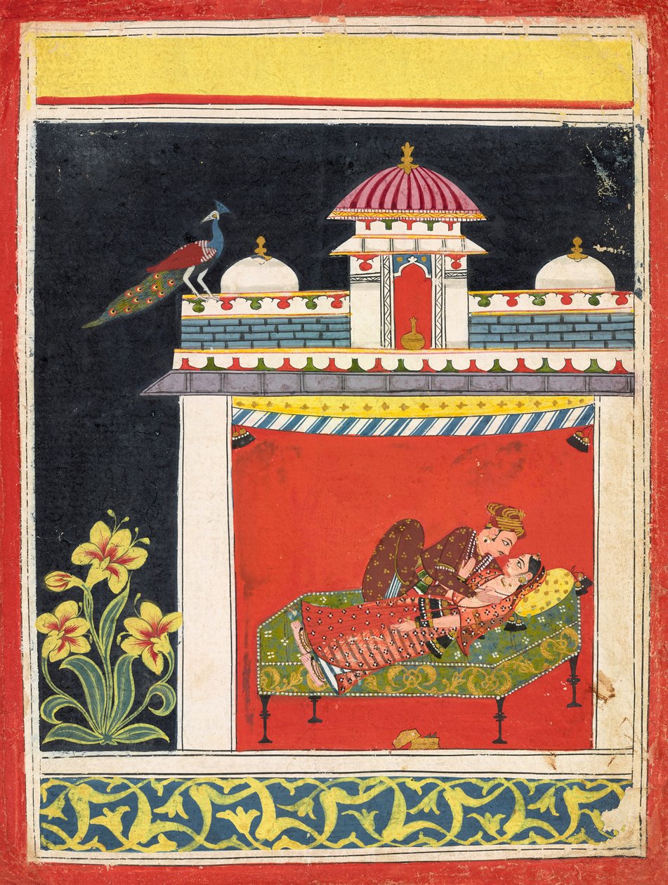 Dos amantes en un pabellón, de un "Amarushataka" (Cien poemas de Amaru), o una serie erótica no identificada, c.1680 (acuarela opaca y oro sobre papel) de Indian School