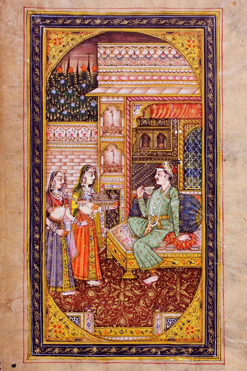 Dos sirvientas sirven refrescos a un noble en una habitación ricamente decorada, pintura en miniatura de Rajastán de Indian School