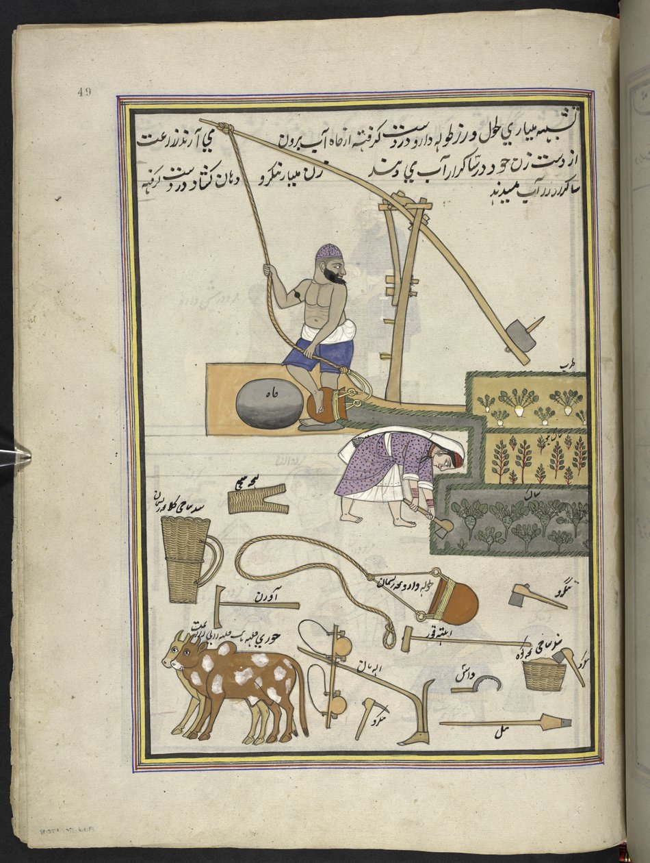 Cultivadores de hortalizas con pozo,  86 dibujos encuadernados en un volumen que representa oficios y ocupaciones en Cachemira, se muestra a los artesanos trabajando con sus implementos y equipos,  Por un artista de Cachemira, probablemente en Srinagar, c. de Indian School