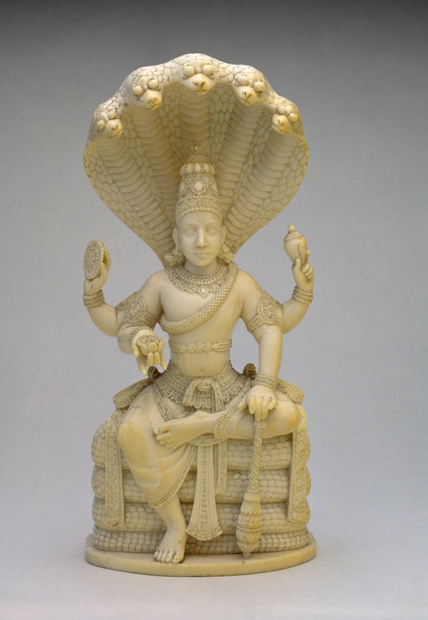 Vishnu, sentado en la Serpiente Sesha, sosteniendo una concha, maza, disco y loto de Indian School
